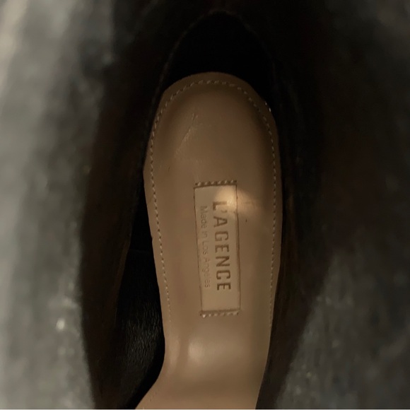 L’AGENCE BLACK SUEDE STILETTO ANKLE BOOT WITH FRONT ZIPPER CLOSURE AND TUSSLE - Picture 7 of 16